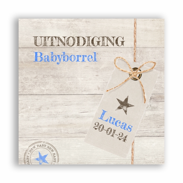 Babyborrelkaart jongen hout met label