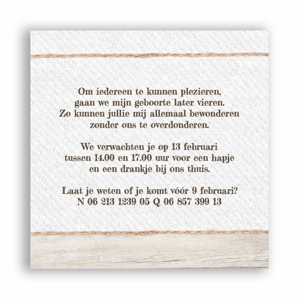 Babyborrelkaart jongen hout met label