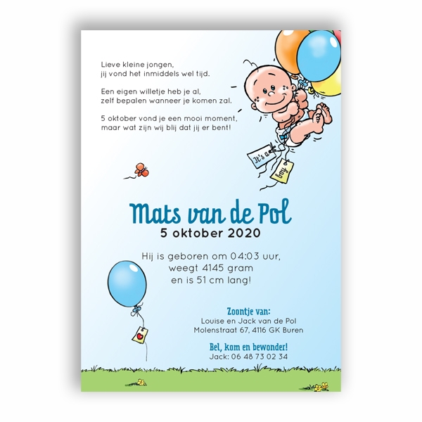 Geboortekaart jongen baby met ballonnen