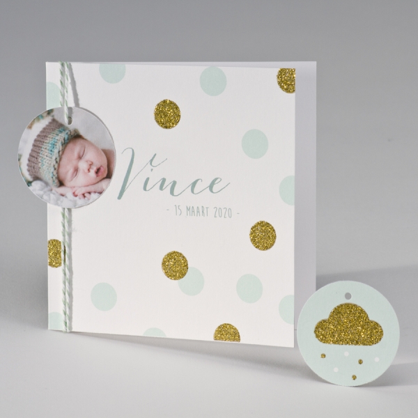 Geboortekaart met glitterconfetti - mint