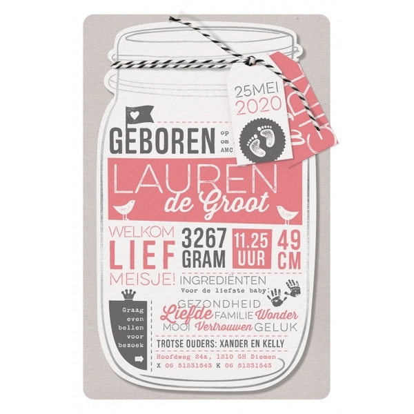 Ggeboortekaartje in de vorm van een hippe Mason Jar met label