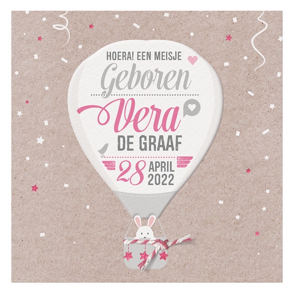 Lieflijk geboortekaartje met stoere luchtballon en roze/wit touwtje