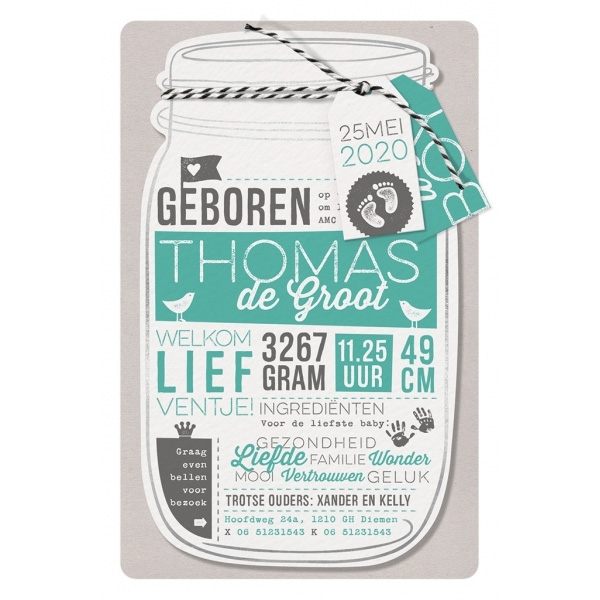 Trendy geboortekaartje in de vorm van een hippe Mason Jar voorzien van label