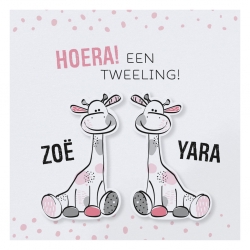 Drieluik geboortekaartje met girafjes tweeling