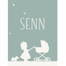 Geboorteproduct Posters - Poster 1 groen met meisje en kinderwagen