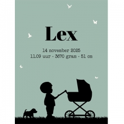 Posters - Poster 1 groen met zwart jongen en kinderwagen silhouette