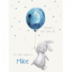 Geboorteproduct Posters - Poster 1 konijntje met blauwe ballon