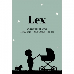 Poster 2 groen met zwart jongen en kinderwagen silhouette